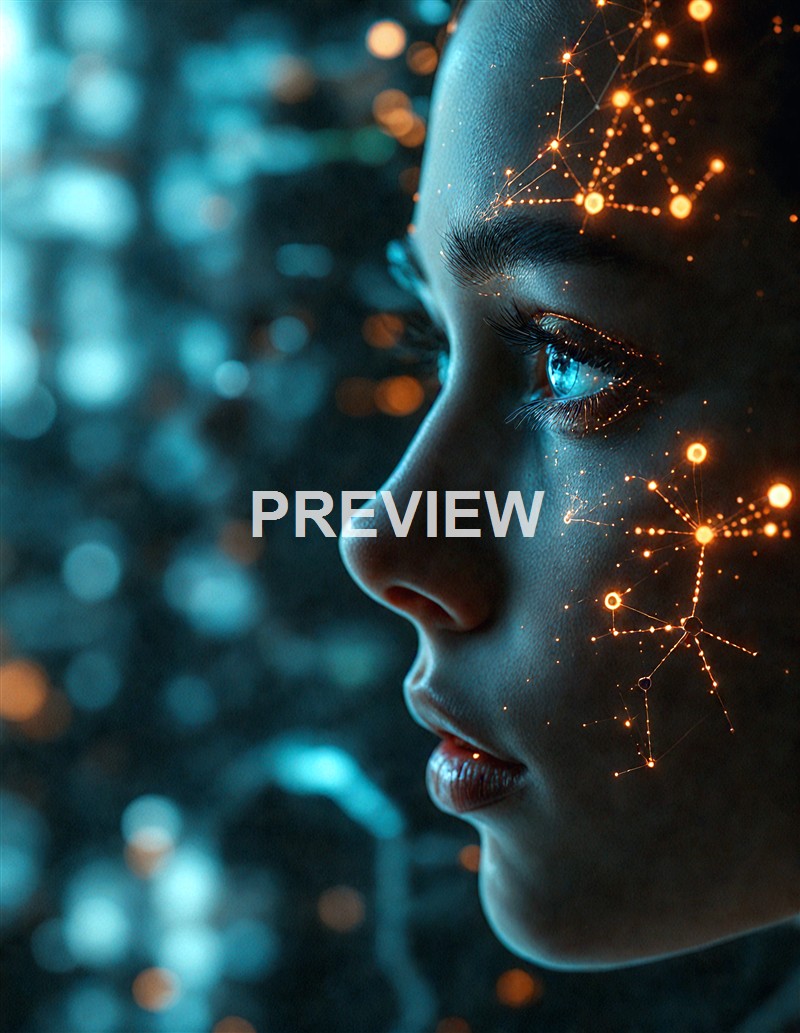 A close-up profile of a woman's face with glowing digital network patterns overlaid on her skin and eye, suggesting a futuristic or technological theme.